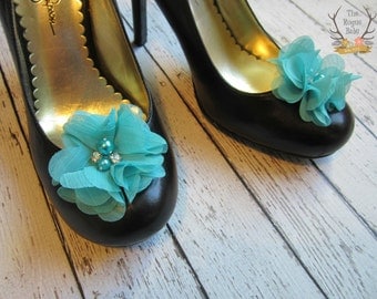 Teal Shoe Clips - Bridal Shoe Clips - Flower Girl - Chiffon Flower Shoe Clips. Wedding Bride Bridesmaid Flower Girl Pearl Rhinestone Bridal