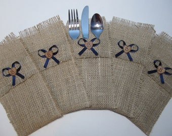 Rustic Burlap Silverware Holders - Set of 5 - Personalized for your Country Wedding Shown with Navy Blue Ribbon