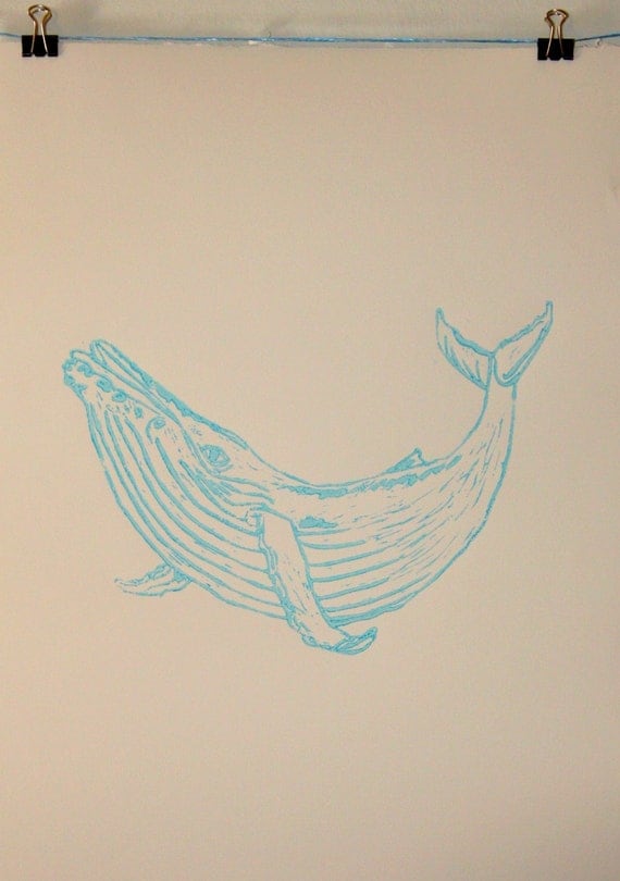 Items similar to Whale original hand block print - Seaside Collection ...