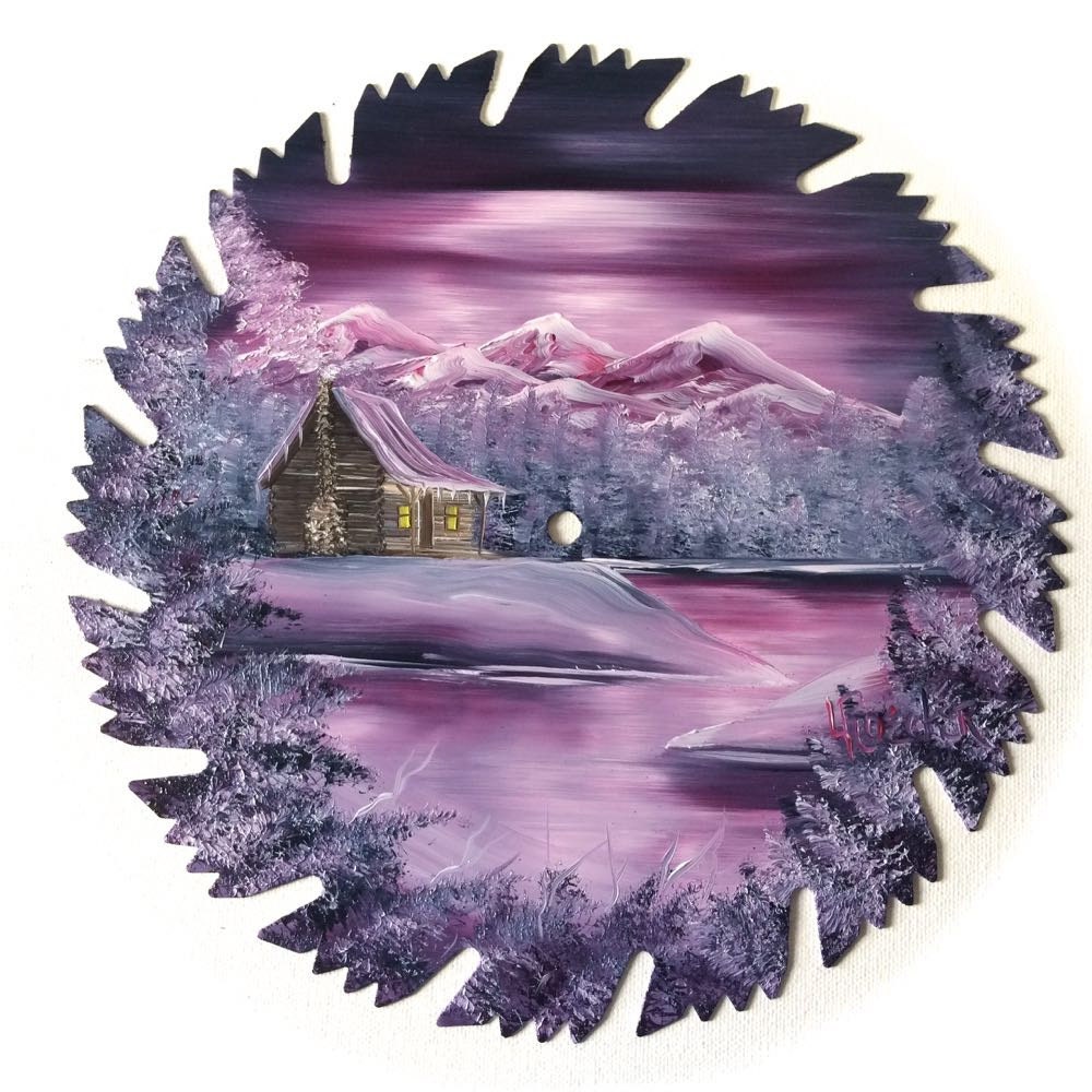 Hand Painted Saw Blade Mountain Mauve by LindasMountainCrafts