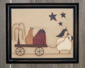 Primitive Handpainted Canvas-Framed 8" x 10"-Saltbox House, Willow Tree, Sheep, Pear, Black Crow, Stars