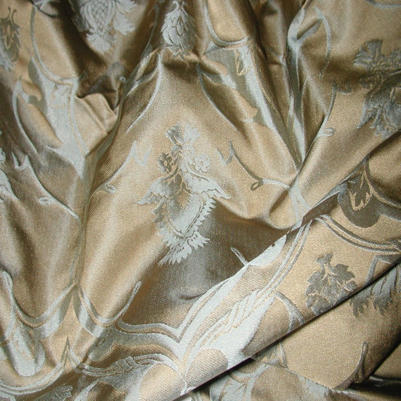 Italian Silk Damask Fabric Old Gold and Aqua 58 x 2 by silkexpert