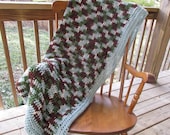 Winter Forest Afghan 59"x43" Crochet Wool Washable Handmade Rustic Brown Green Cream Blue Rustic Cabin Kids Soft Country Decor