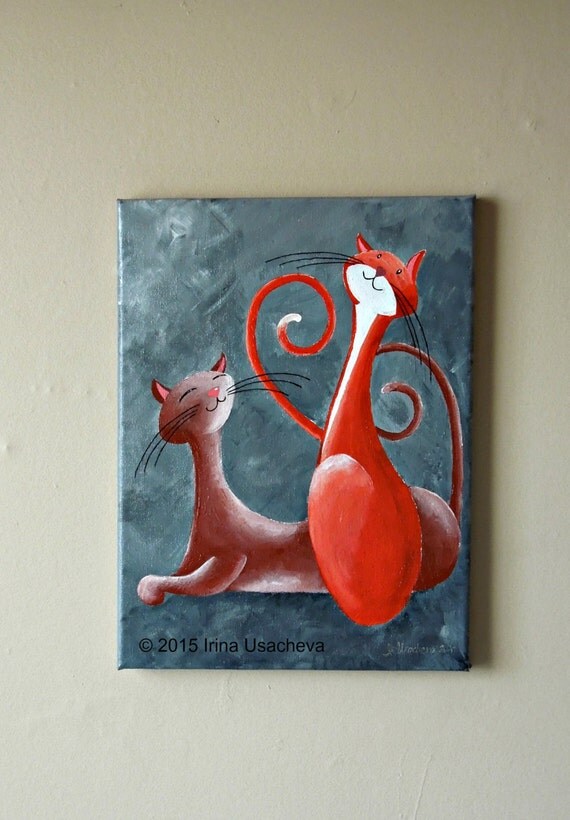 Original Fantasy Cat Acrylic Painting for Sale Two Proud