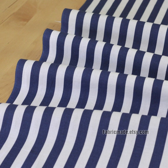 Stripe Linen Cotton Fabric/ Wide White Navy Blue by fabricmade