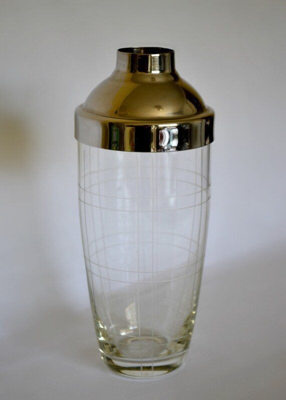Etched Glass Cocktail Shaker Chrome Lid Plaid by AtomicHostess