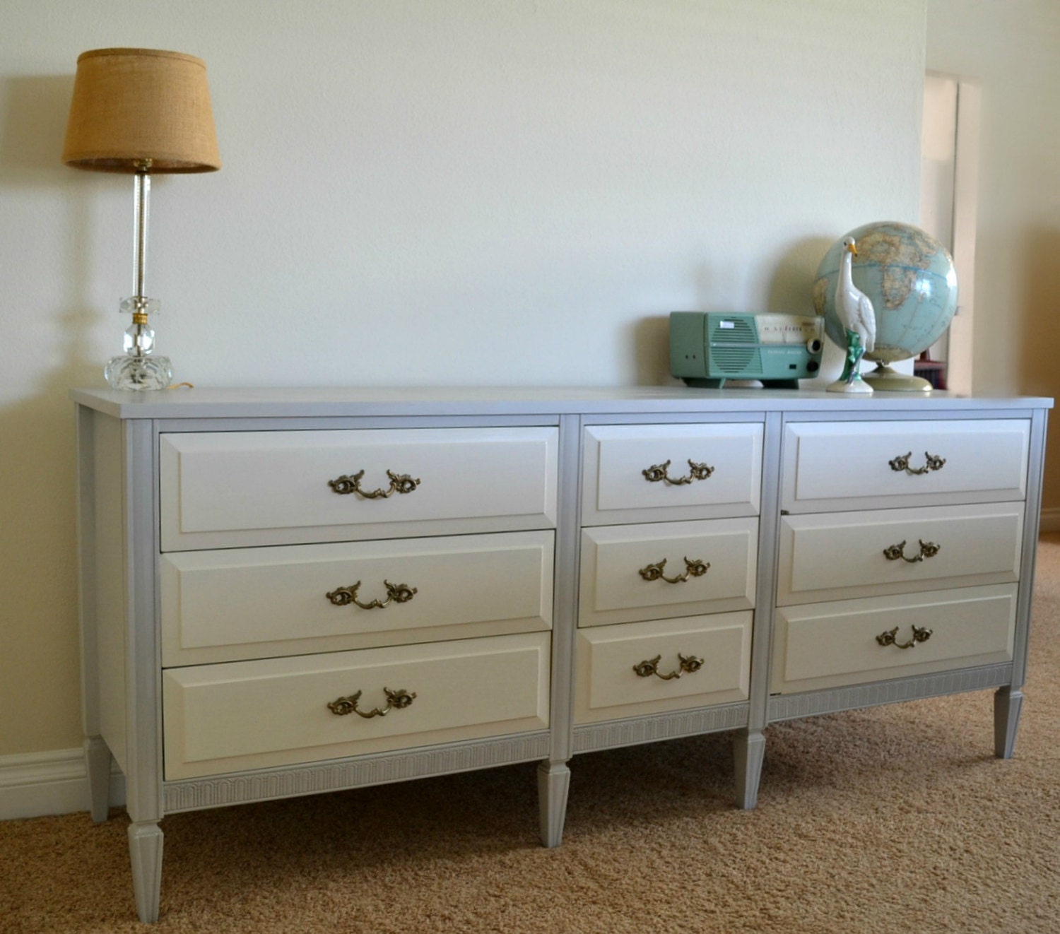 Revived Vintage French Provincial 9 Drawer Gray and White Dresser