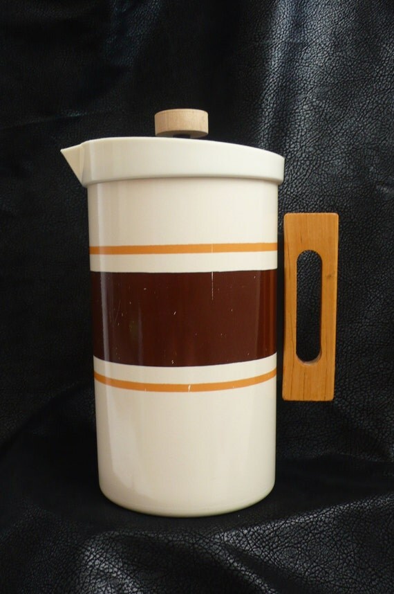 Vintage Enamel Water Pitcher With Wooden Handle And by chriscre