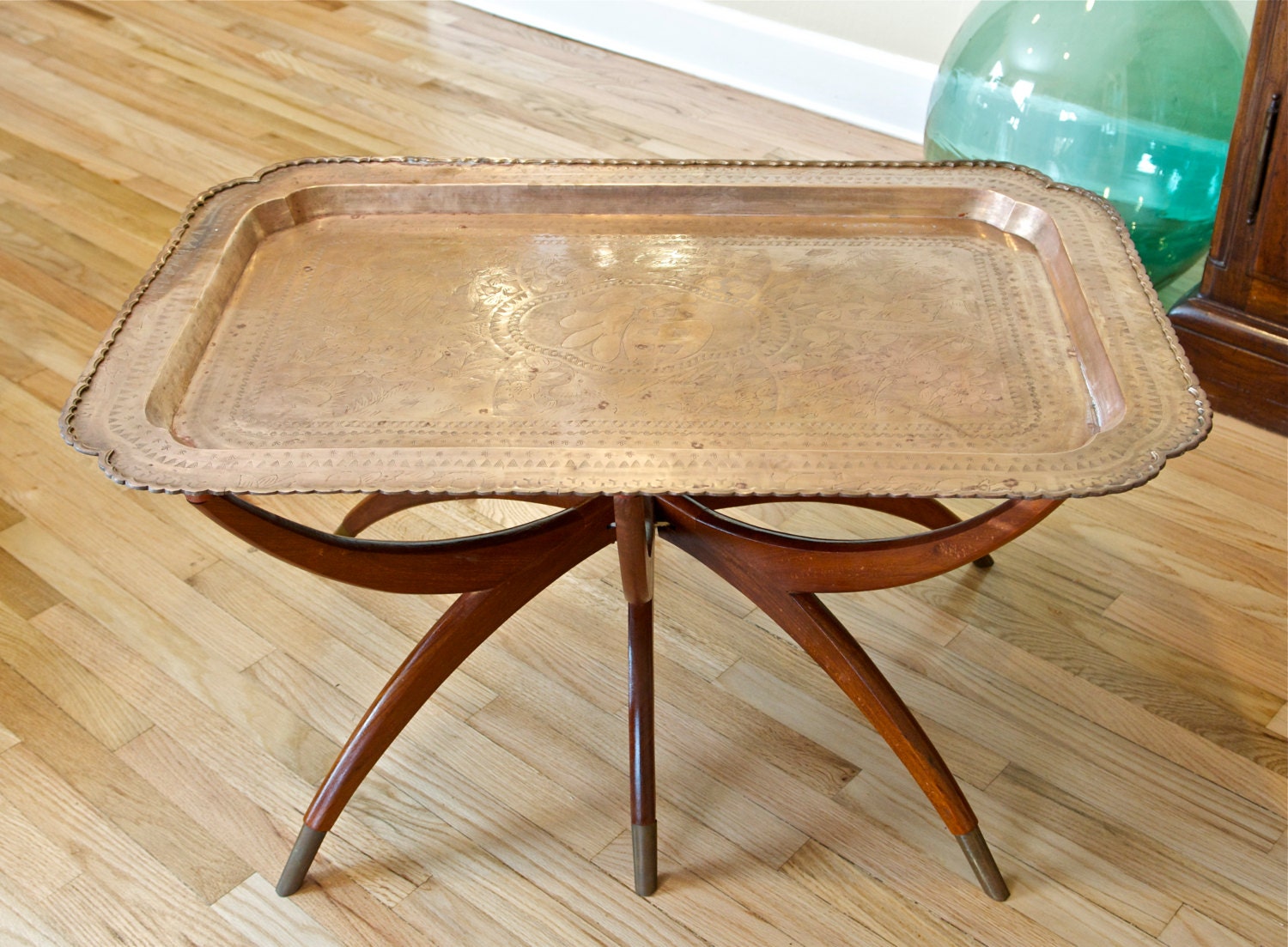 Vintage brass top table with folding wooden base…etched brass…rectangle