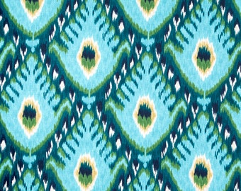 Turquoise Ikat Upholstery Fabric - Large Scale Ikat Curtain Fabric - Custom Ikat Roman Shade and Curtains - Custom Turquoise Pillows