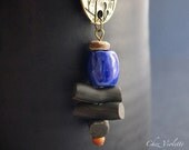 Primitive pendant necklace Ethnic jewelry Blue ceramic charm wood beads necklace Primitive pendant necklace Ethnic jewelry Blue ceramic charm wood beads necklace