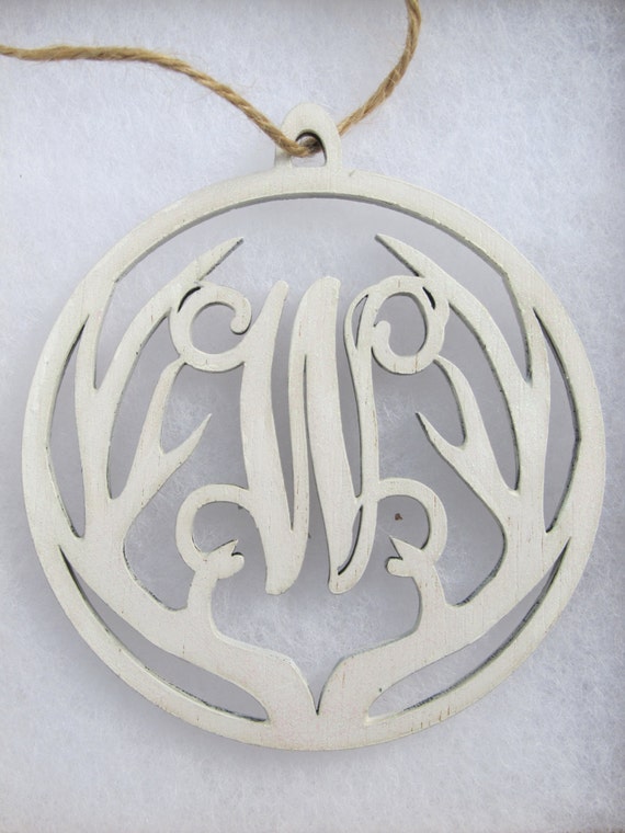 Wooden Antler Monogram Ornament Laser Cut Natural or Hand