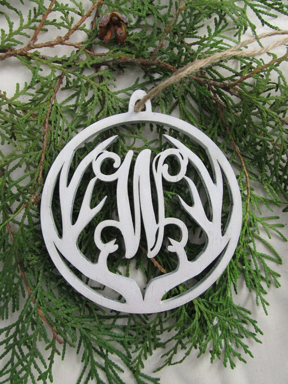 Wooden Antler Monogram Ornament Laser Cut Natural or Hand