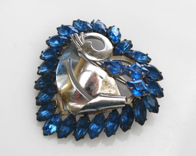 Rhinestone Heart Brooch Blue and silver mid century pin