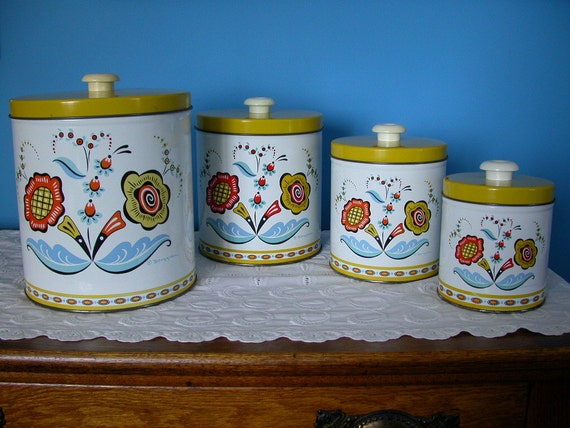 Items similar to Vintage Berggren Floral Tin Canister Set Yellow Lids ...