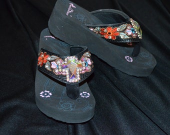 SALE! Kids flip flops with clear bling cross and woven flower decoration with bling on straps