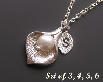 Bridesmaid gift-Set of 3, 4, 5, 6 Personalized Calla Lily necklace-Silver monogram initial Calla Lily necklace set