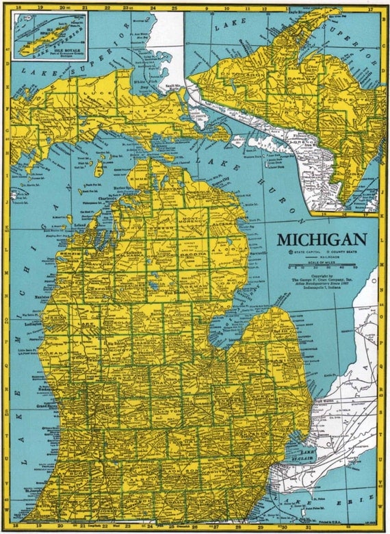 Michigan Map and Massachusetts Map 1950s Cram by SkippiDiddlePaper