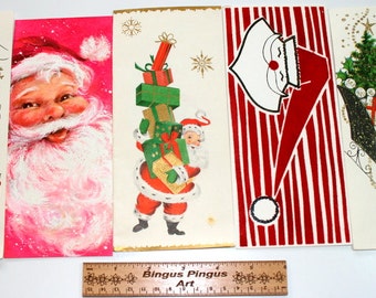 Vintage USED Christmas Cards, Jolly Santa Claus Faces Fun Funky Glitter, Scrap Booking Crafts Lot of 5 Christmas Cards