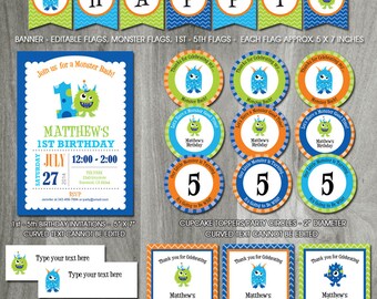 Monster Birthday Party Pack, Self Editable, INSTANT DOWNLOAD, Printable Template, Monster Bash, PDF Files, Boy Birthday, Decorations