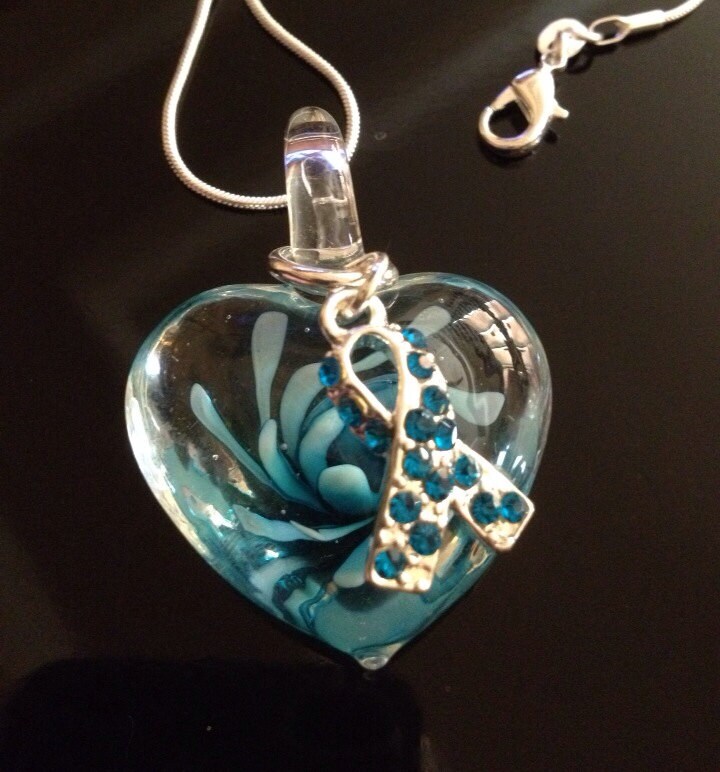 Teal Ribbon Necklace Glass Heart Charm by RockYourCauseJewelry