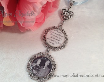 Bridal Charm, Wedding Bouquet Charm, Memorial Charm, Pendant, Custom Photo, Karen Elizabeth, Double, Heart Wedding Charm, Here Today (BC004)
