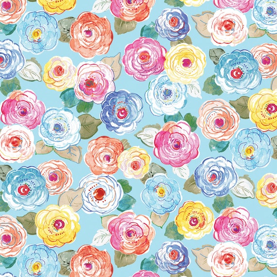 Items similar to Butterfly Effect Floral fabric blue pastel flowers
