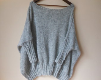 Oversized Plus Size Hand Knit Sweater Tunic Loose Knit Women's Sweater Poncho Gray