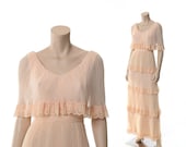 Vintage 60s 70s Tiered Pleated Chiffon Dress 1960s 1970s Miss Elliette Bohemian Lace Draped Wedding Gown Hippie Maxi Dress / XS/S
