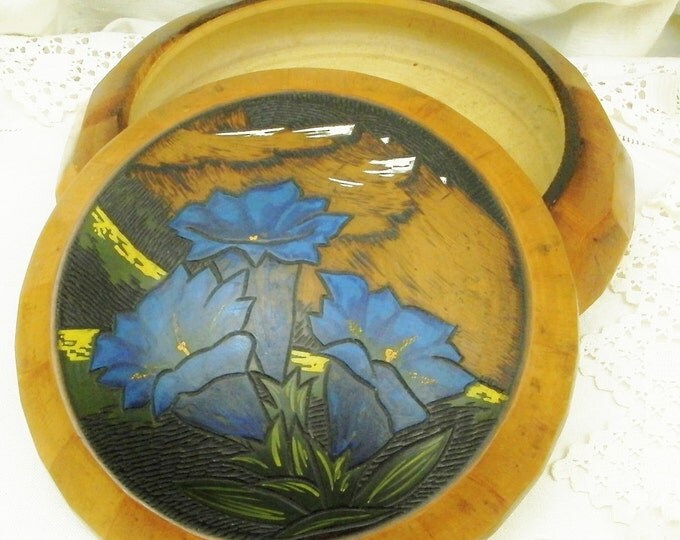 Large Vintage French Art Deco Faceted Wooden Box With a Scene of the Alps and Mountain Bog Gentian / Art Deco Decor / Holiday Souvenir Retro Large Vintage French Art Deco Faceted Wooden Box With a Scene of the Alps and Mountain Bog Gentian / Art Deco Decor / Holiday Souvenir Retro