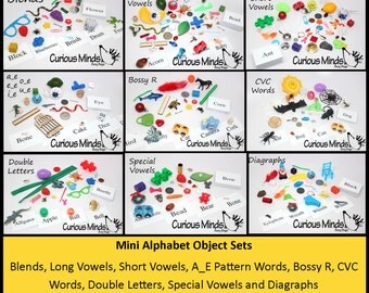 Montessori Alphabet Objects Mini Lots - Object and Word Cards for Diagraph, Blends, Special Vowels, CVC Words, Short and Long Vowels, A_E