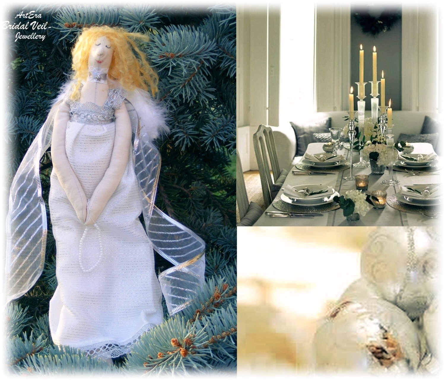 Christmas tree peak, silver winged angel doll. She down from heaven to bring peace and love to the family, Handmade doll, OOAK