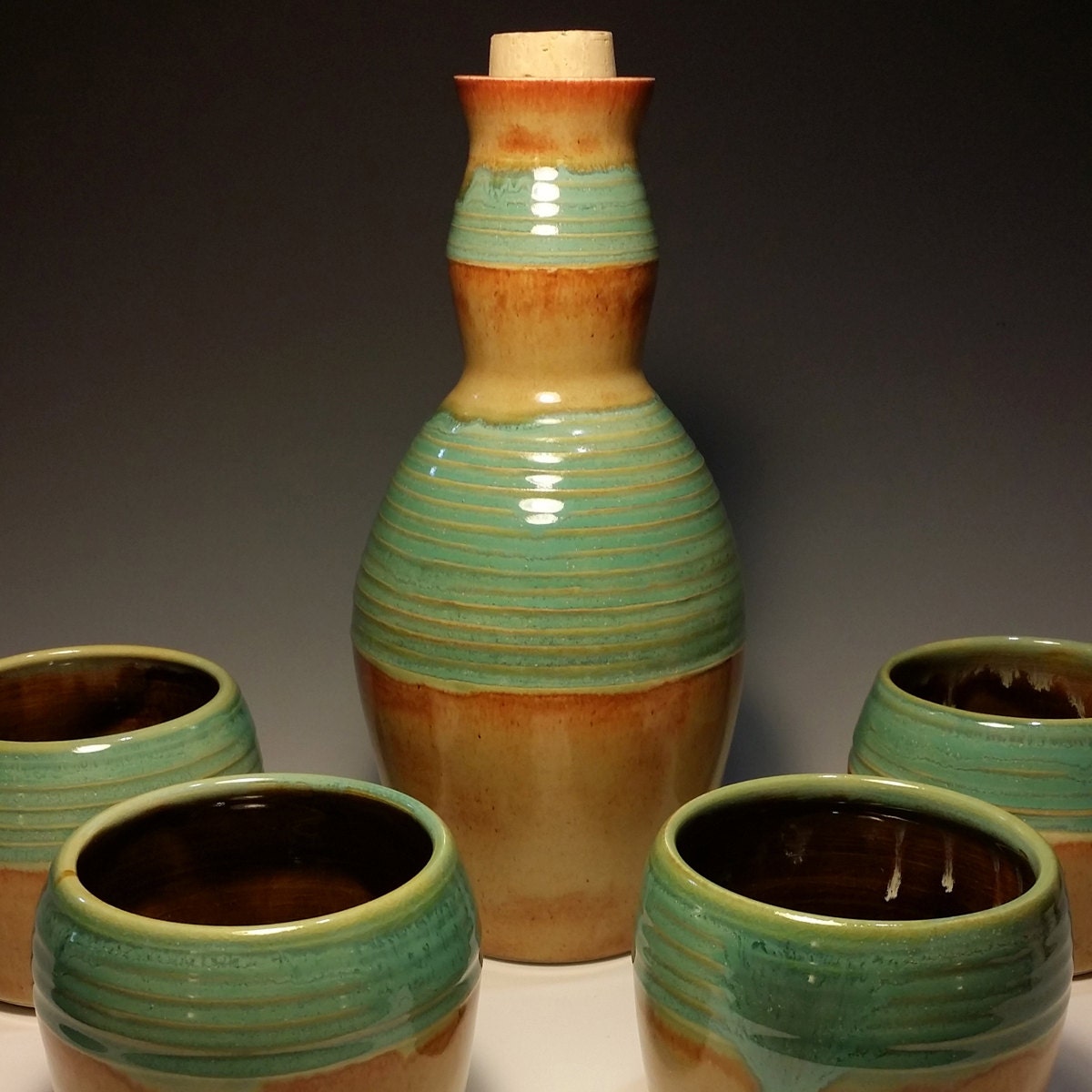 Ceramic liquor bottle with 4 tumblers by amarsdenartwork on Etsy