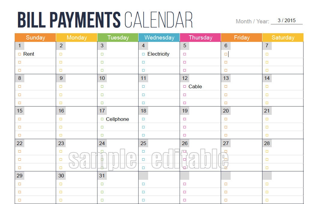 Bill Payments Calendar EDITABLE Personal Finance