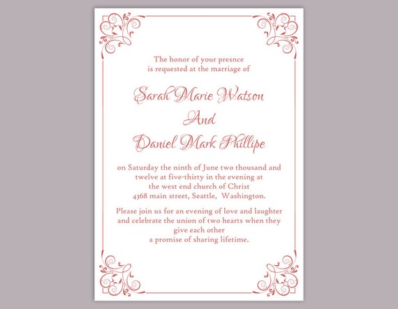 DIY Wedding Invitation Template Editable Word File Instant Download Printable Invitation Red Wedding Invitation Elegant Floral Invitation