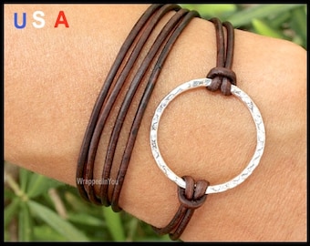 INFINITY Leather WRAP Bracelet - Boho Triple Wrapped Silver Eternity Hammered Circle Charm - ADJUSTABLE Natural Real Leather Bracelets - 710