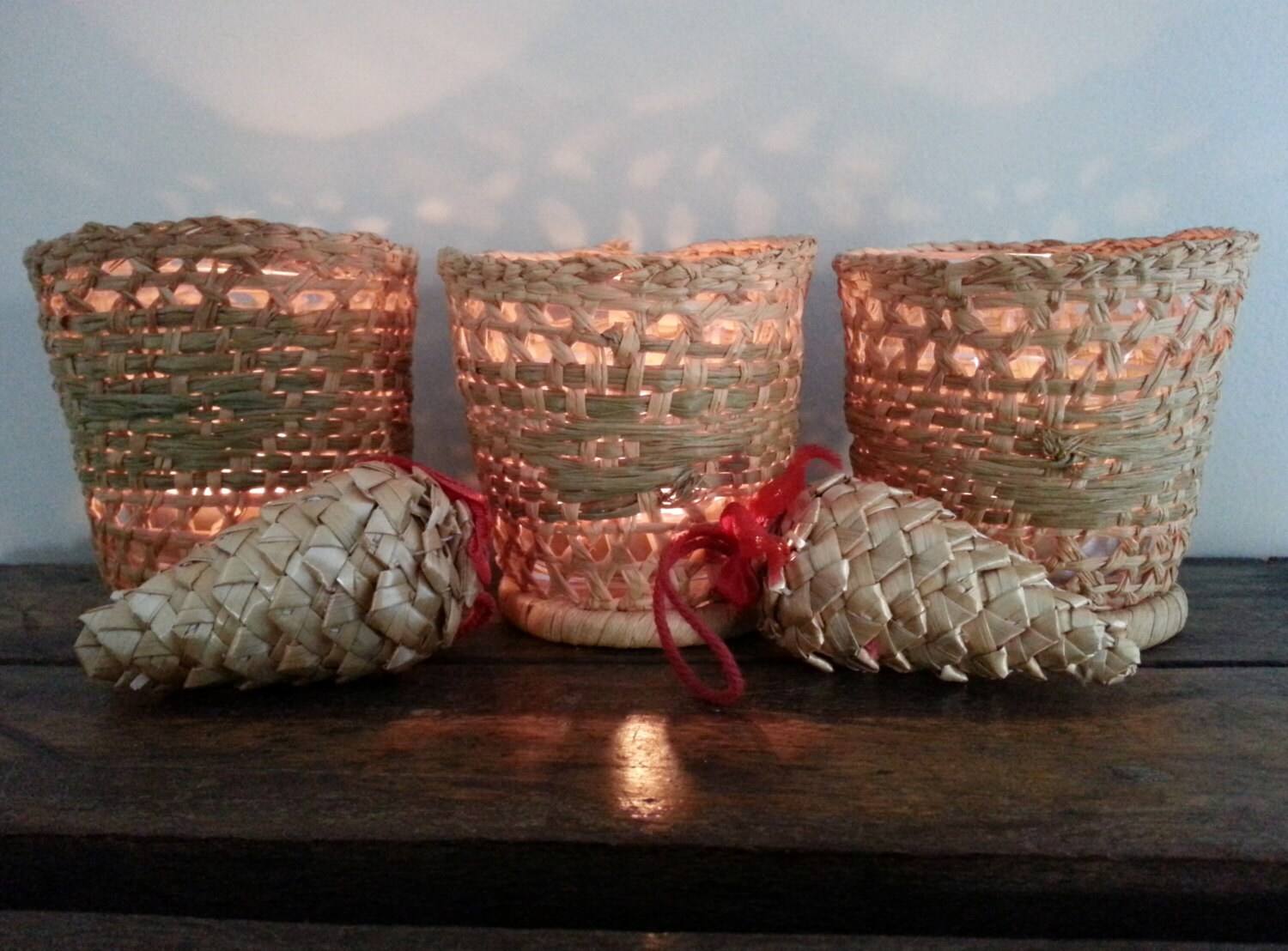 Set of 3 vintage natural rattan wicker votive candle holders