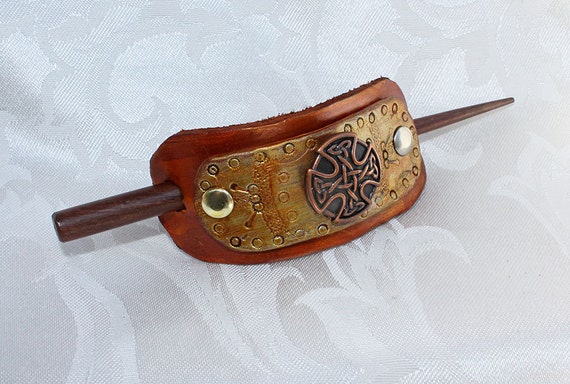 Celtic Cross Leather Hair Slide Golden Brown Vegetable Tanned Leather Hair Accessory