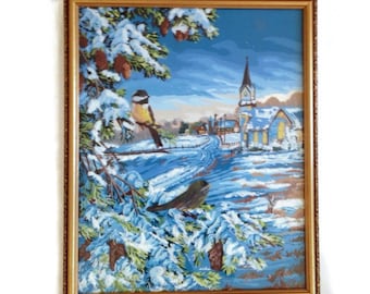 Paint by Number Vintage Wall Art Winter Scene PBN Chickadees Trees Snowy Scene Church Framed Art