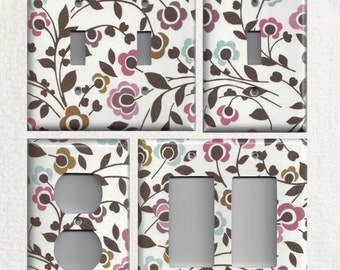 Light Switchplates and Wall Outlet Covers Plum Purple Brown & Light Blue Floral/Flowers Light Switch Cover, Light Switch Plate