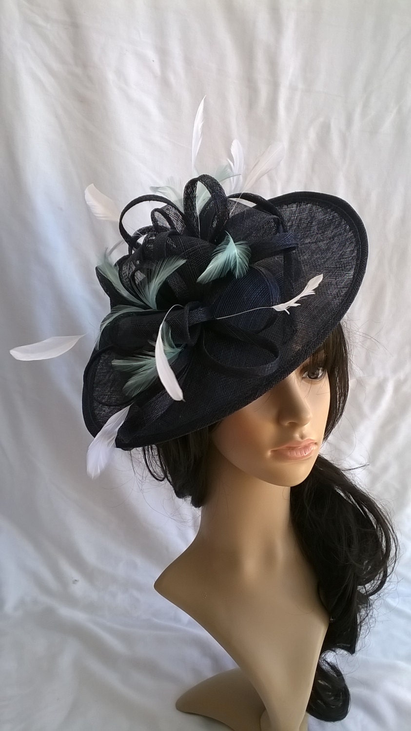 Navy Blue Fascinator..white aqua accent..Stunning Sinamay