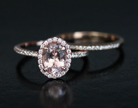 Wedding Ring Bridal Ring Set in 14k Rose Gold With Morganite