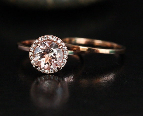 Round Morganite Engagement Ring Bridal Ring Set in 14k Rose