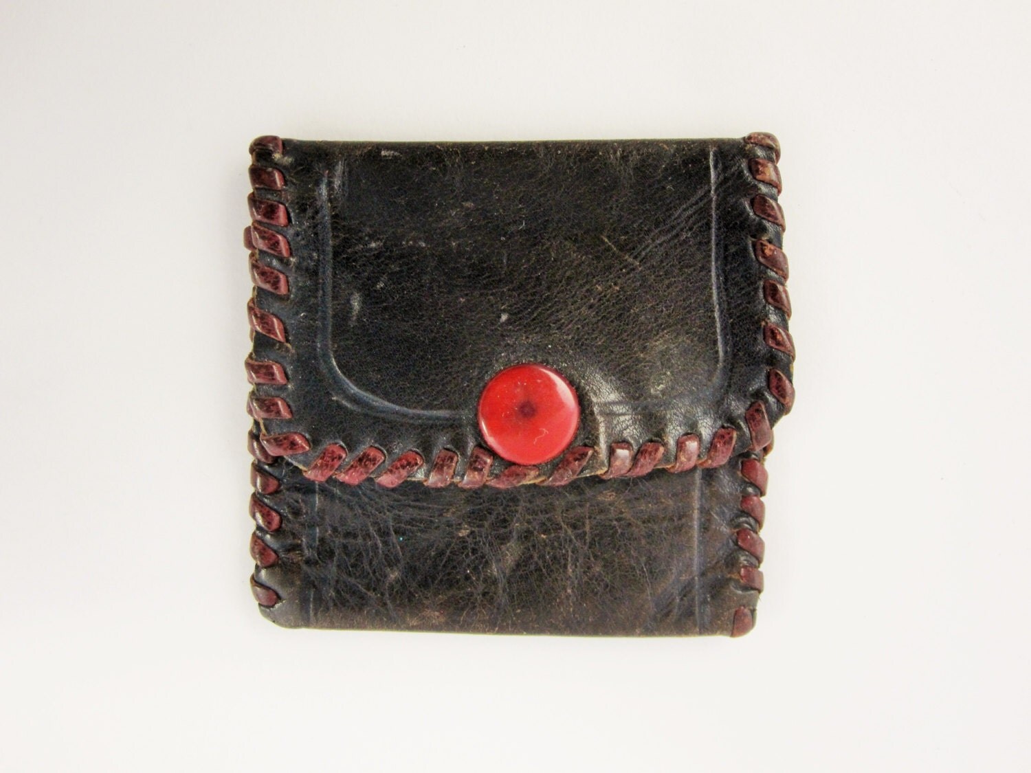 Soft & Small Cordovan Brown Leather Coin Purse With a Red Snap