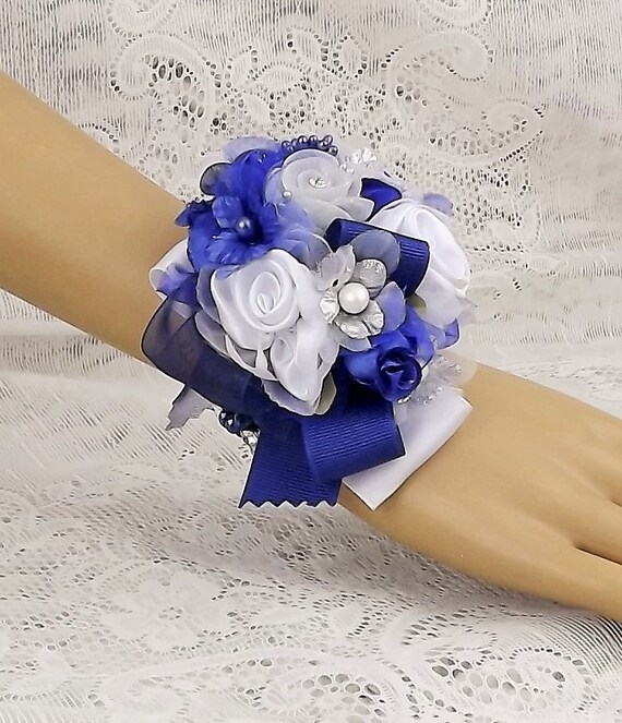 Silver-White-Royal Blue Wrist CorsageProm by ModernWeddingTrends
