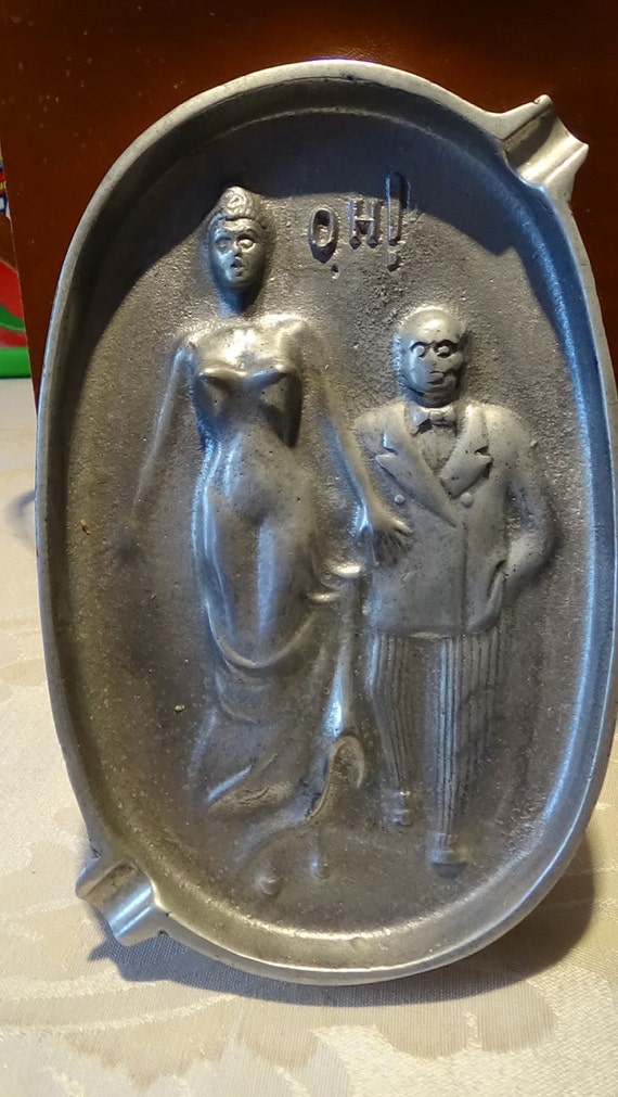 Vintage Ashtray Silver Cast Iron Funny Amusing 2 Sided Plaque
