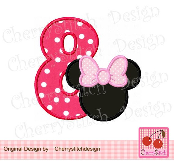 Minnie Mouse head with Birthday Number 8 Minie Embroidery