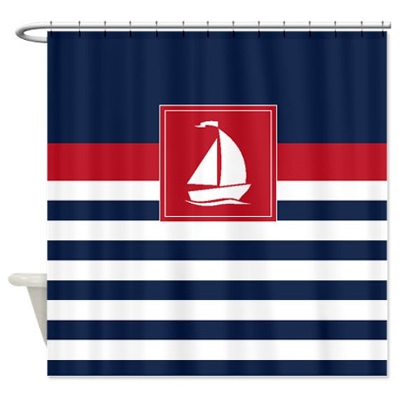 Nautical Shower CurtainPreppy Stripes with Sailboat Navy