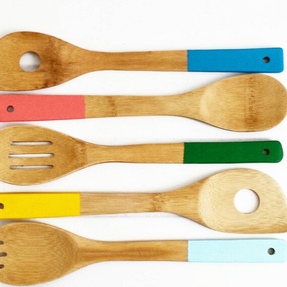 Painted Bamboo Wooden Spoons Set of 5 by HelloSunshineHomeDec