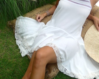 White Gypsy Dress with Lace Trim - Ladies Dress with Frill Drop Waist, Asymmetrical Hem